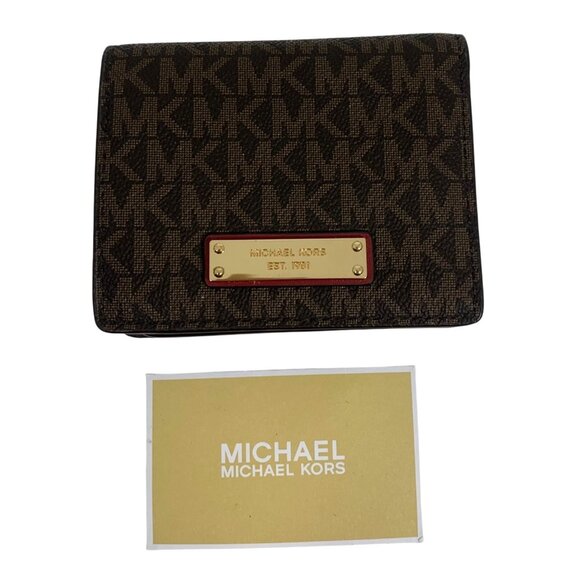 Michael Kors Jet Set Travel Logo Card Holder Brown Signature Coated Twill EUC - Picture 1 of 15